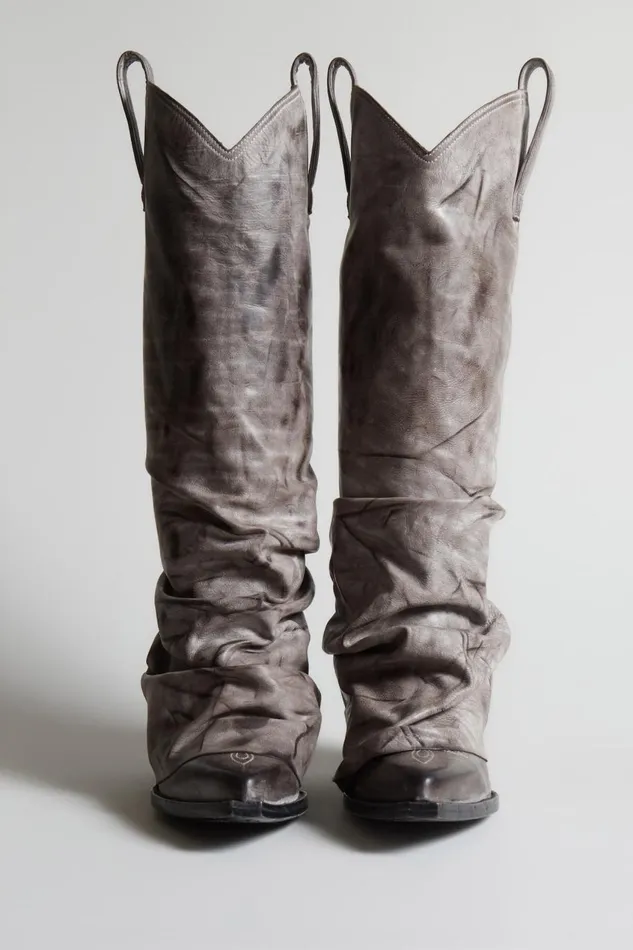R13 Sale Women MID COWBOY BOOTS WITH SLEEVE 8211 DISTRESSED GREY LEATHER