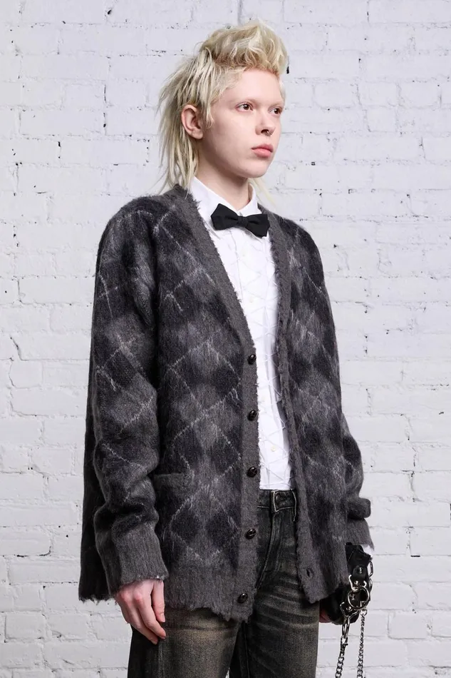 R13 Sale Women OVERSIZED DISTRESSED EDGE CARDIGAN 8211 CHARCOALBLACK ARGYLE