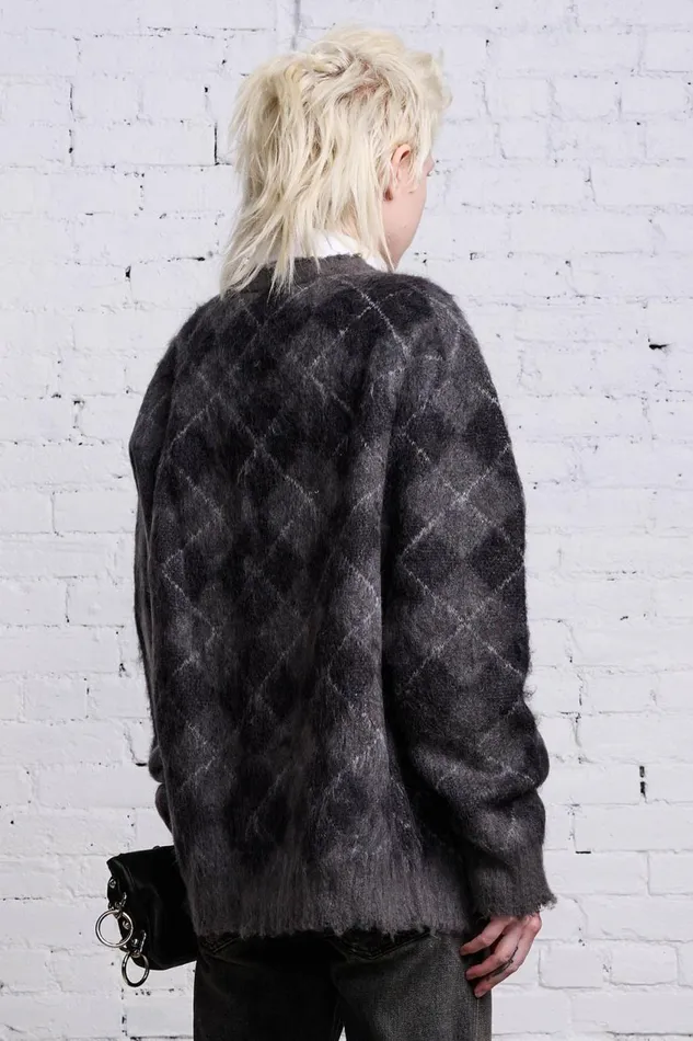 R13 Sale Women OVERSIZED DISTRESSED EDGE CARDIGAN 8211 CHARCOALBLACK ARGYLE