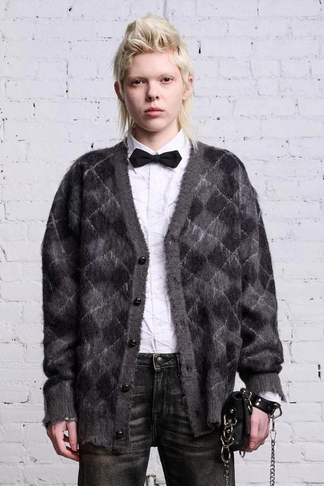 R13 Sale Women OVERSIZED DISTRESSED EDGE CARDIGAN 8211 CHARCOALBLACK ARGYLE