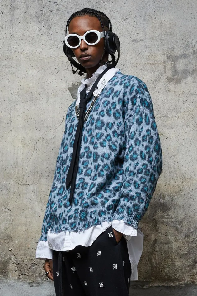 R13 Sale Women OVERSIZED SWEATER 8211 BLUE LEOPARD