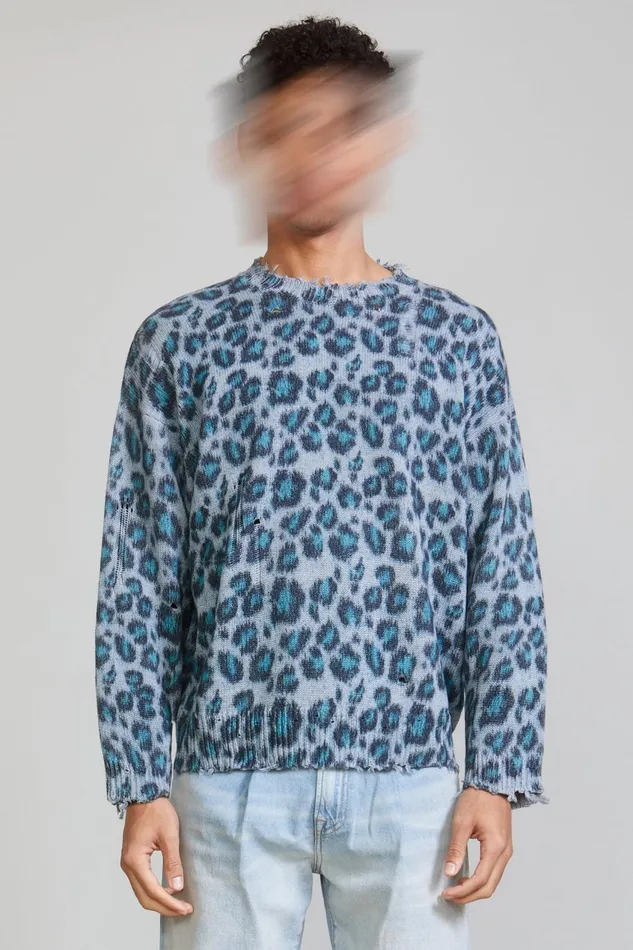 R13 Sale Women OVERSIZED SWEATER 8211 BLUE LEOPARD
