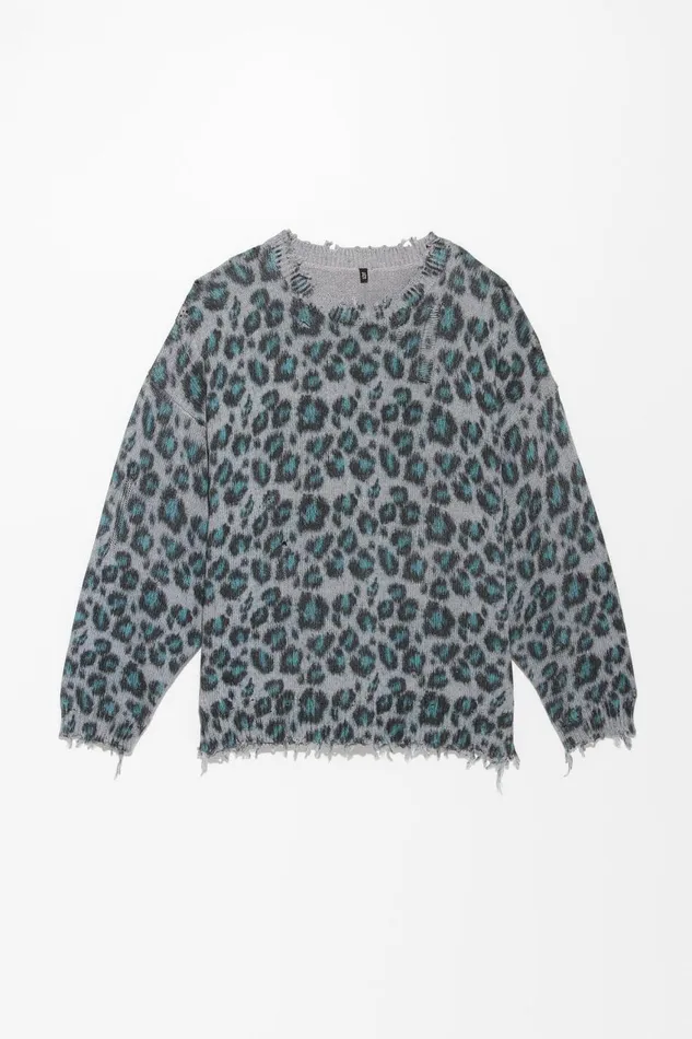 R13 Sale Women OVERSIZED SWEATER 8211 BLUE LEOPARD