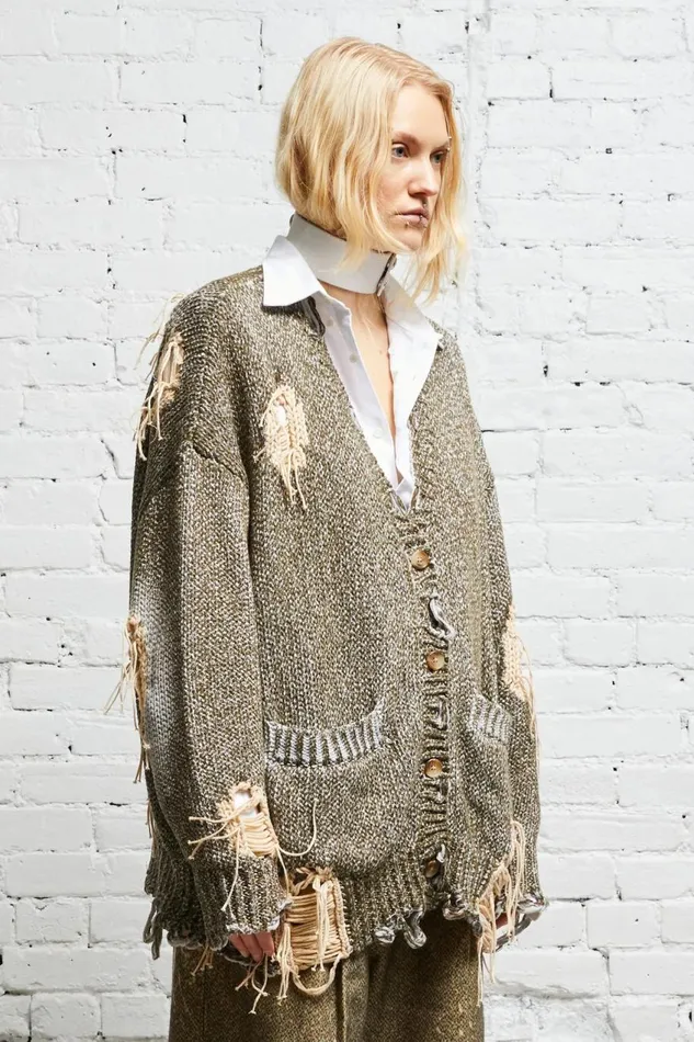 R13 Sweaters Women DISTRESSED JUMBO CARDIGAN 8211 PRINTED TWEED