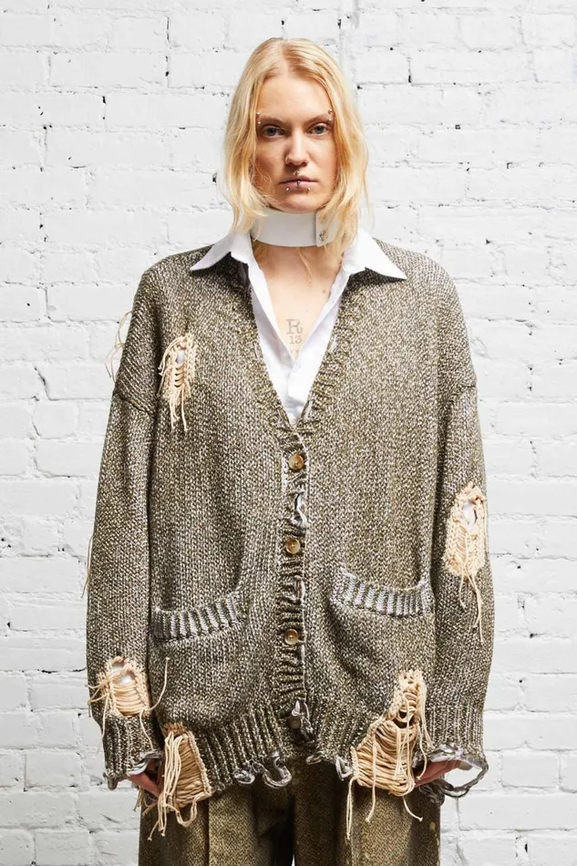 R13 Sweaters Women DISTRESSED JUMBO CARDIGAN 8211 PRINTED TWEED