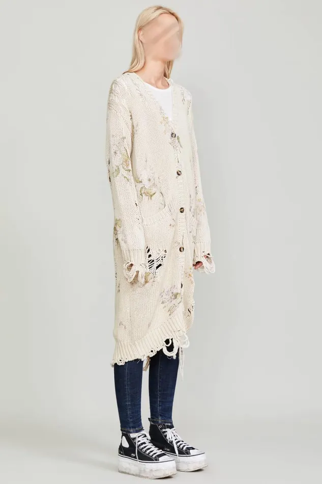 R13 Sweaters Women DISTRESSED LONG CARDIGAN 8211 FLORAL ON KHAKI