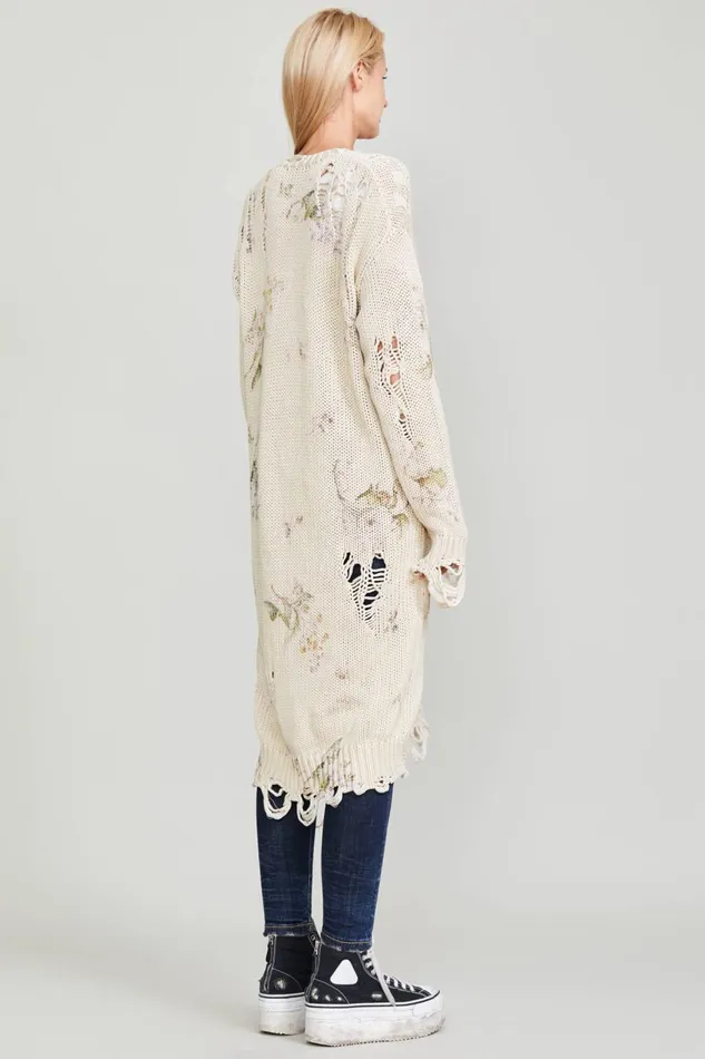 R13 Sweaters Women DISTRESSED LONG CARDIGAN 8211 FLORAL ON KHAKI