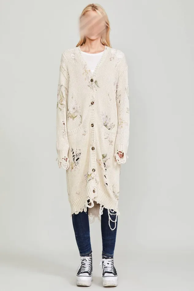 R13 Sweaters Women DISTRESSED LONG CARDIGAN 8211 FLORAL ON KHAKI