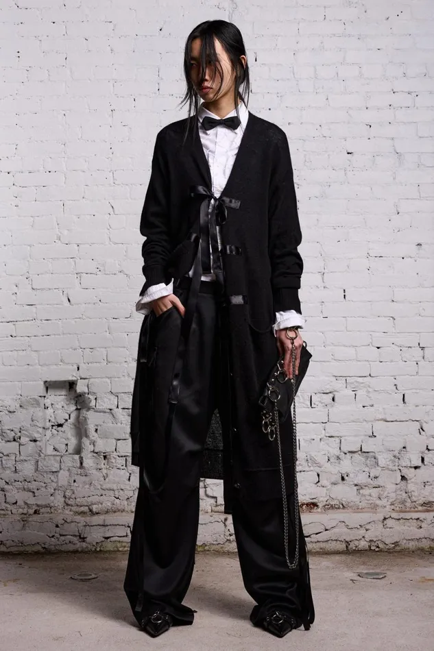 R13 Sweaters Women TAPE TIE LONG CARDIGAN 8211 BLACK AND SATIN