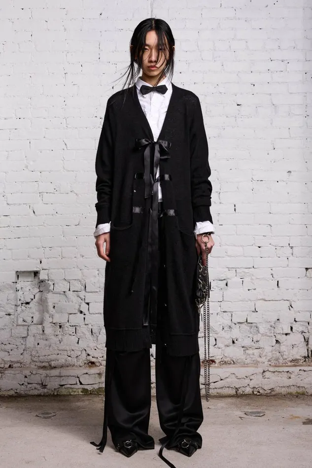 R13 Sweaters Women TAPE TIE LONG CARDIGAN 8211 BLACK AND SATIN