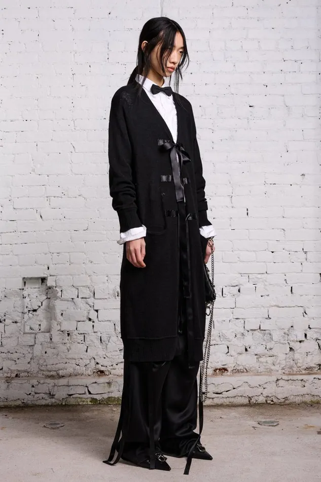 R13 Sweaters Women TAPE TIE LONG CARDIGAN 8211 BLACK AND SATIN