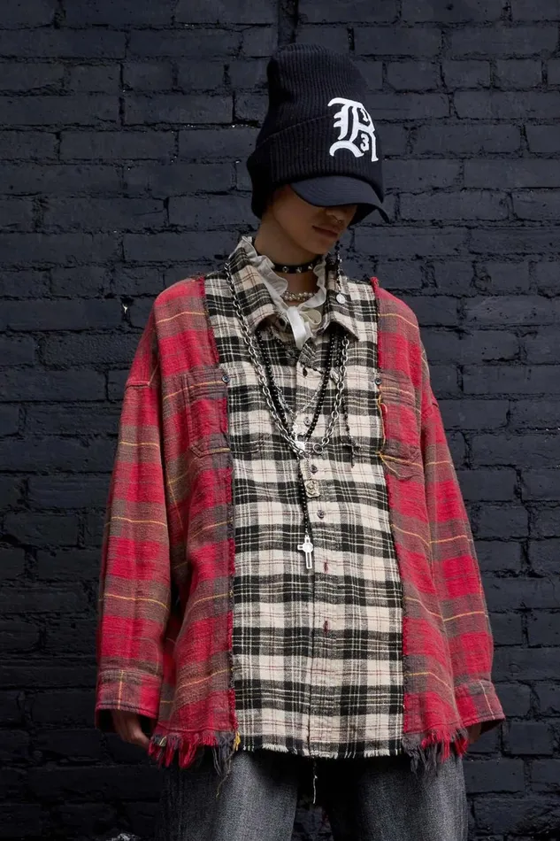 R13 Tops Women DROP NECK COMBO WORKSHIRT 8211 RED WITH BEIGE PLAID