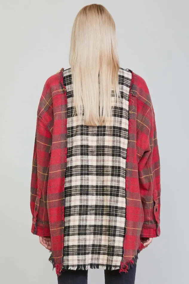 R13 Tops Women DROP NECK COMBO WORKSHIRT 8211 RED WITH BEIGE PLAID