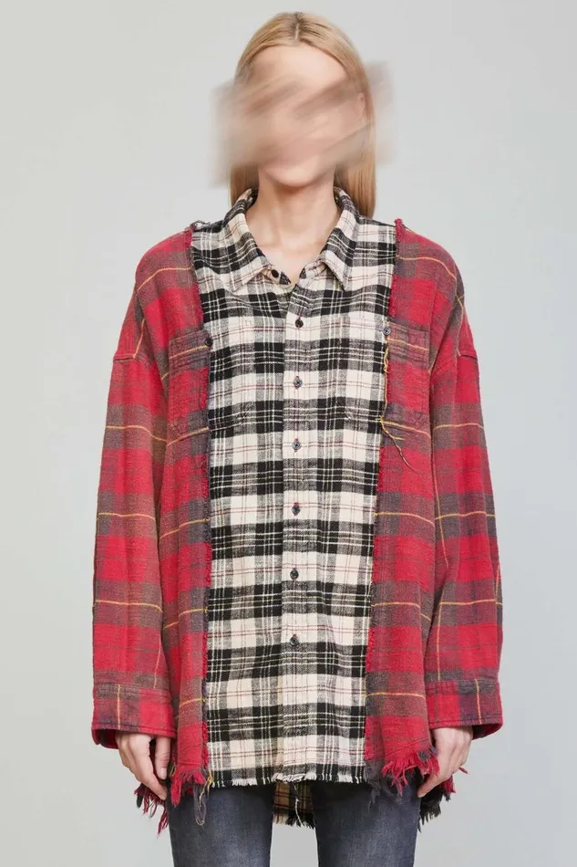 R13 Tops Women DROP NECK COMBO WORKSHIRT 8211 RED WITH BEIGE PLAID