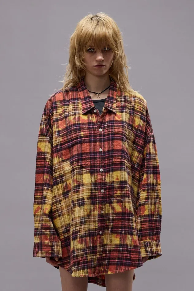 R13 Tops Women DROP NECK WORKSHIRT 8211 OVERDYED PINK W IRREGULAR BLEACH PLAID