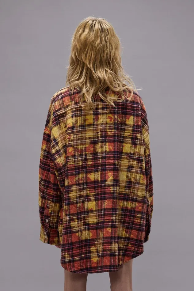 R13 Tops Women DROP NECK WORKSHIRT 8211 OVERDYED PINK W IRREGULAR BLEACH PLAID
