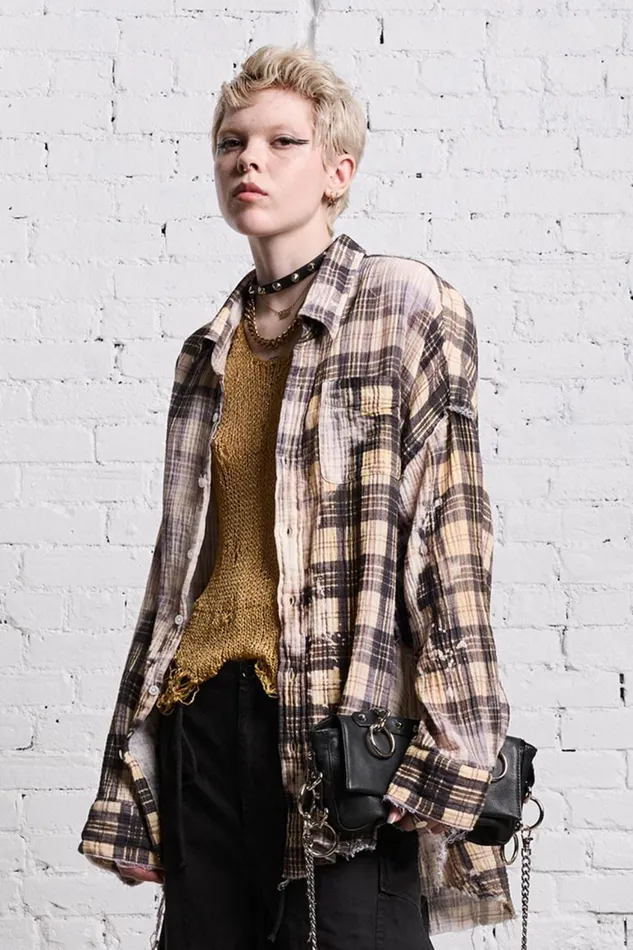 R13 Tops Women SHREDDED SEAM DROP NECK 8211 BLEACH PRINTED PLAID