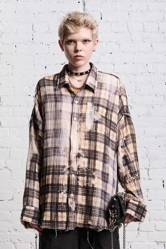 R13 Tops Women SHREDDED SEAM DROP NECK 8211 BLEACH PRINTED PLAID