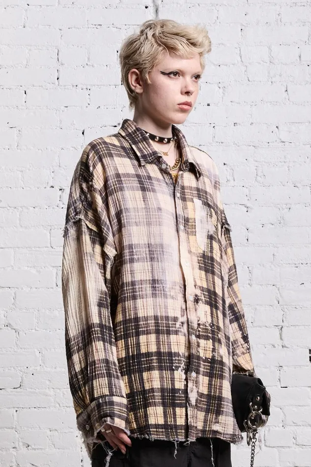 R13 Tops Women SHREDDED SEAM DROP NECK 8211 BLEACH PRINTED PLAID