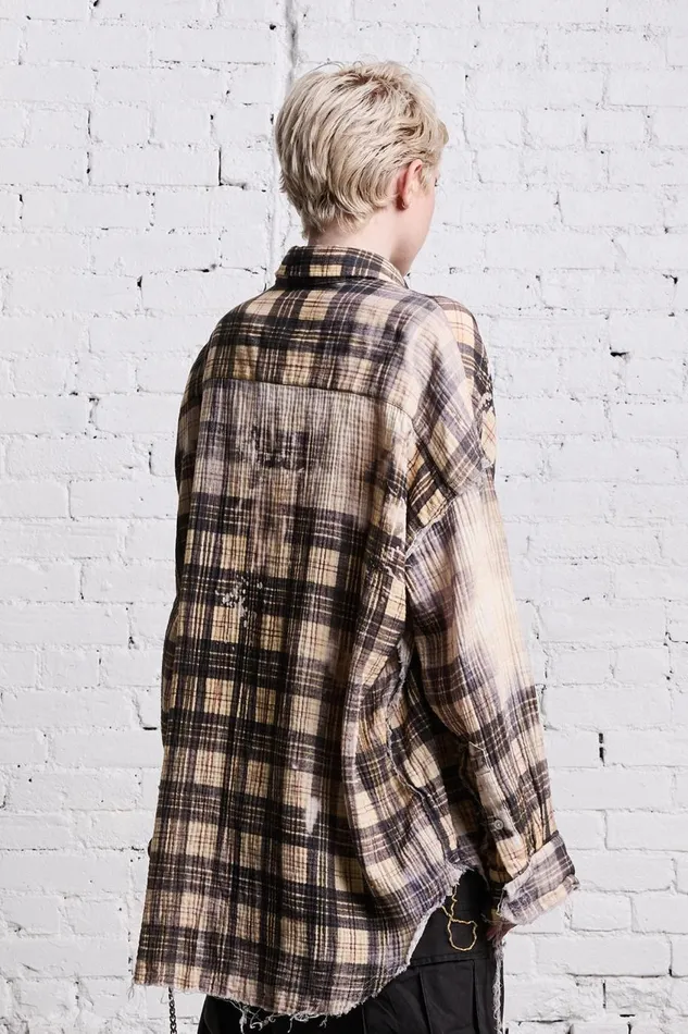 R13 Tops Women SHREDDED SEAM DROP NECK 8211 BLEACH PRINTED PLAID