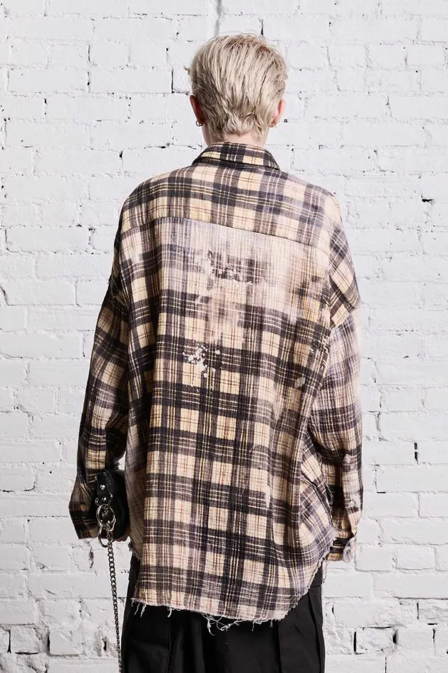 R13 Tops Women SHREDDED SEAM DROP NECK 8211 BLEACH PRINTED PLAID
