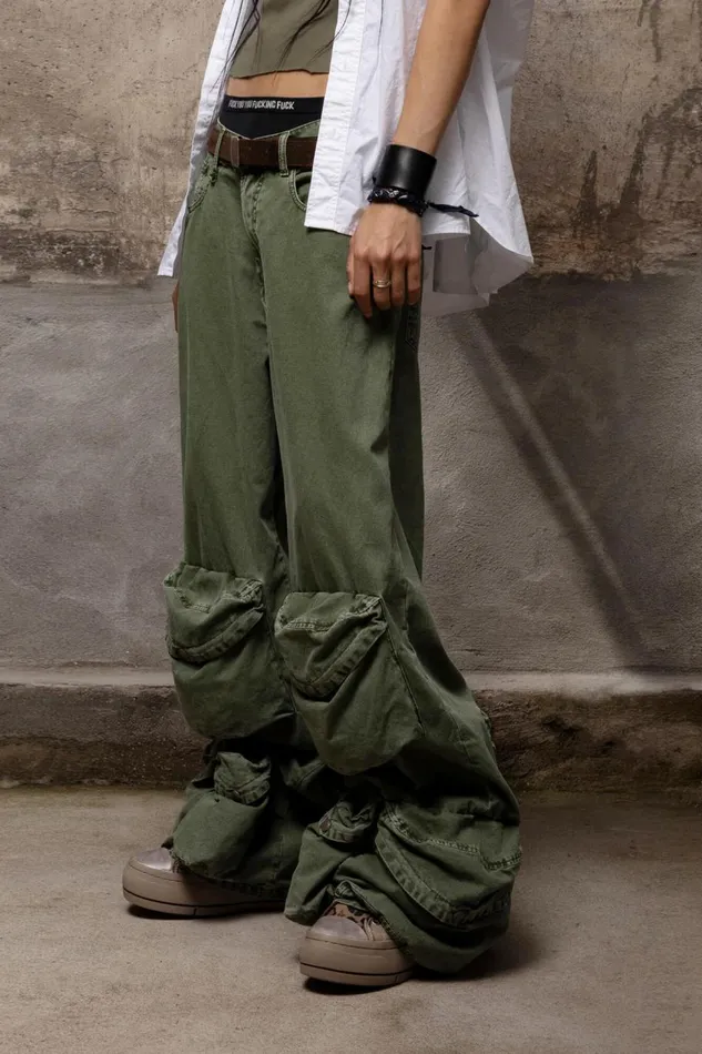 R13 Wide Leg Women MULTIPOCKET UTILITY JEAN 8211 OLIVE GARMENT DYE