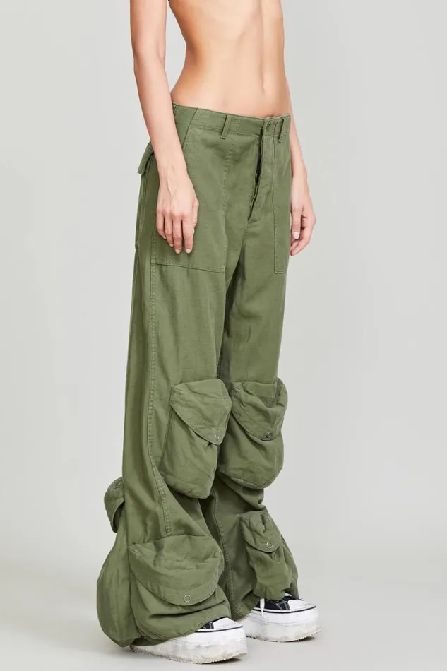 R13 Wide Leg Women MULTIPOCKET UTILITY JEAN 8211 OLIVE GARMENT DYE