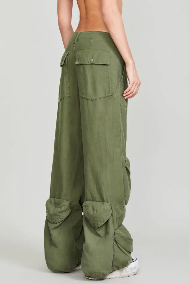 R13 Wide Leg Women MULTIPOCKET UTILITY JEAN 8211 OLIVE GARMENT DYE