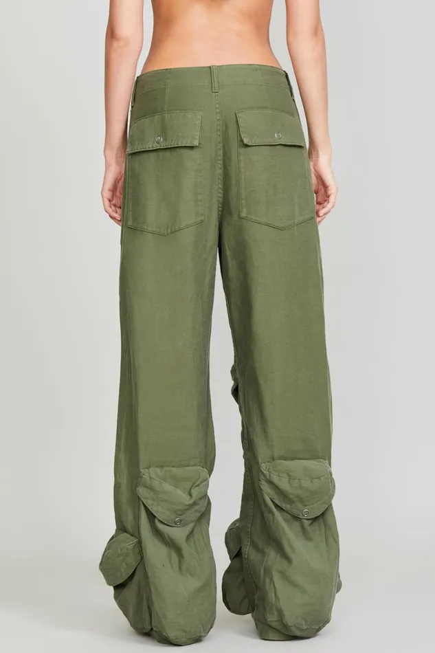 R13 Wide Leg Women MULTIPOCKET UTILITY JEAN 8211 OLIVE GARMENT DYE