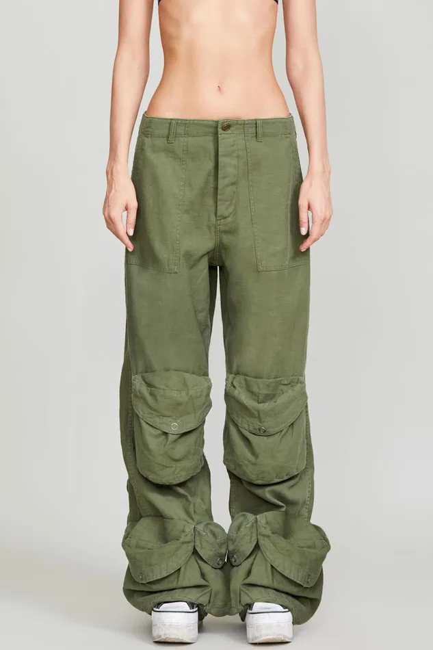 R13 Wide Leg Women MULTIPOCKET UTILITY JEAN 8211 OLIVE GARMENT DYE