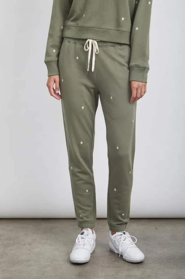 Rails Pants and Shorts Women KINGSTON SWEATPANT Olive Embroidered Ivory Stars