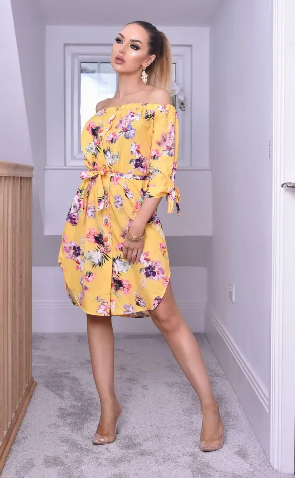 Reena Yellow Floral Bardot Shirt Dress Women Missfiga Midi Dresses