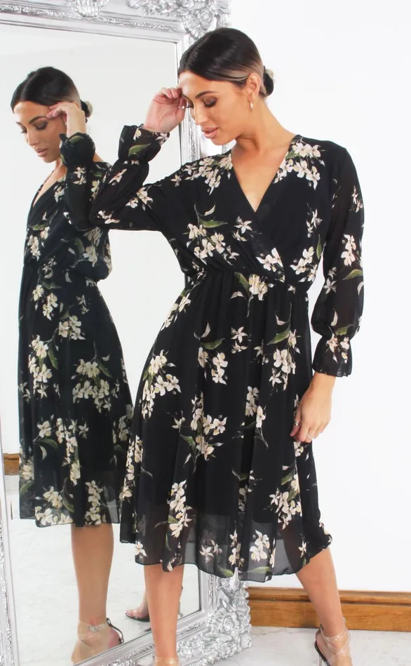 Roleen Black Floral Long Sleeve Wrap Dress Women Missfiga Wrap Dresses