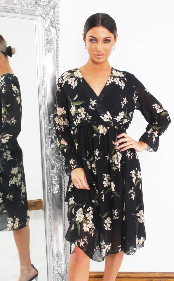 Roleen Black Floral Long Sleeve Wrap Dress Women Missfiga Wrap Dresses Roleen Black Floral Long Sleeve Wrap Dress Women Missfiga Wrap Dresses