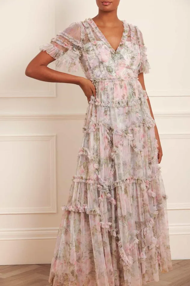 Rose Powder Ruffle Gown Multi Women Needle and Thread Dresses