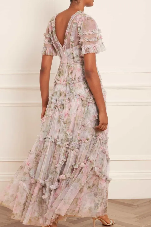 Rose Powder Ruffle Gown Multi Women Needle and Thread Dresses
