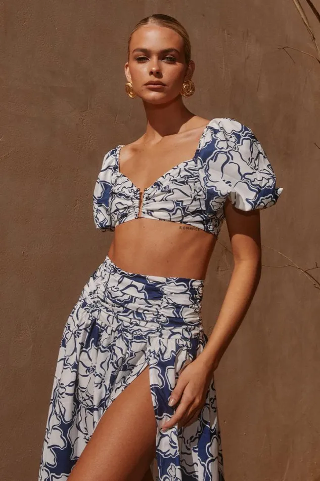 Runaway The Label Crops Shop KELANI SLEEVE TOP 8211 NAVY FLORAL