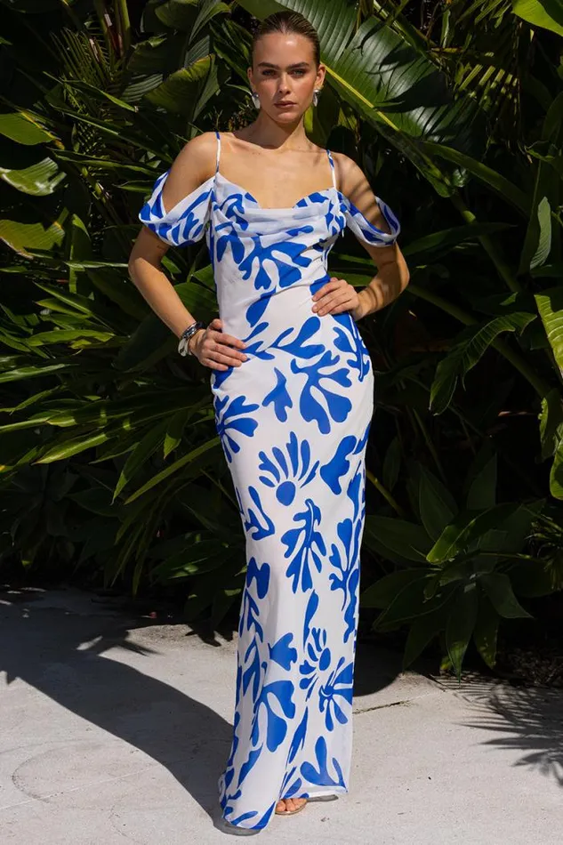 Runaway The Label Maxi Shop NUOVO MAXI DRESS 8211 WHITEBLUE BOTANICA