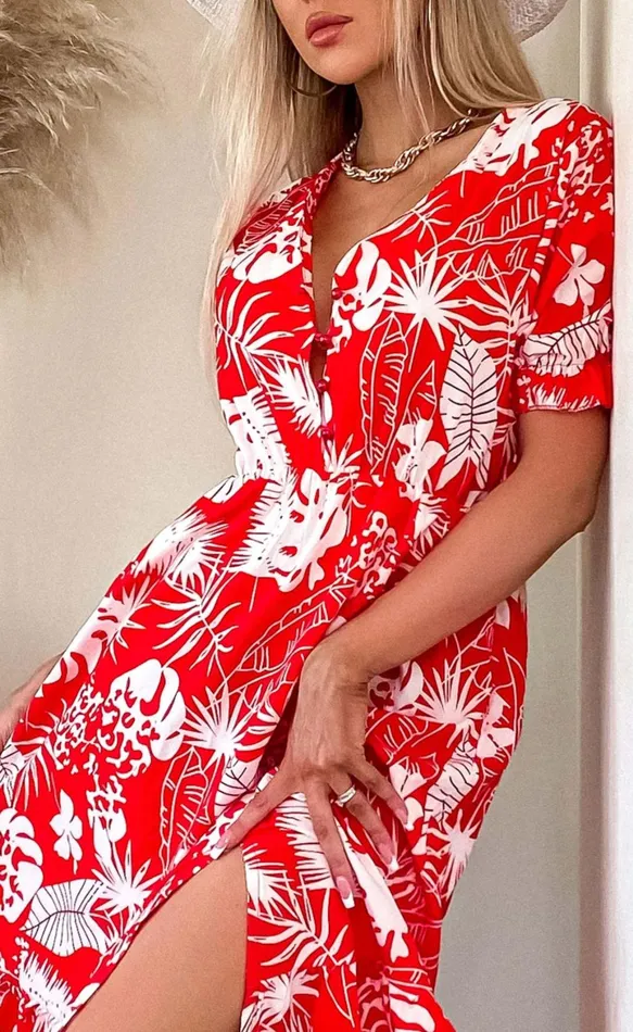 Saya Red Printed Side Slit Midaxi Dress Women Missfiga Maxi Dresses