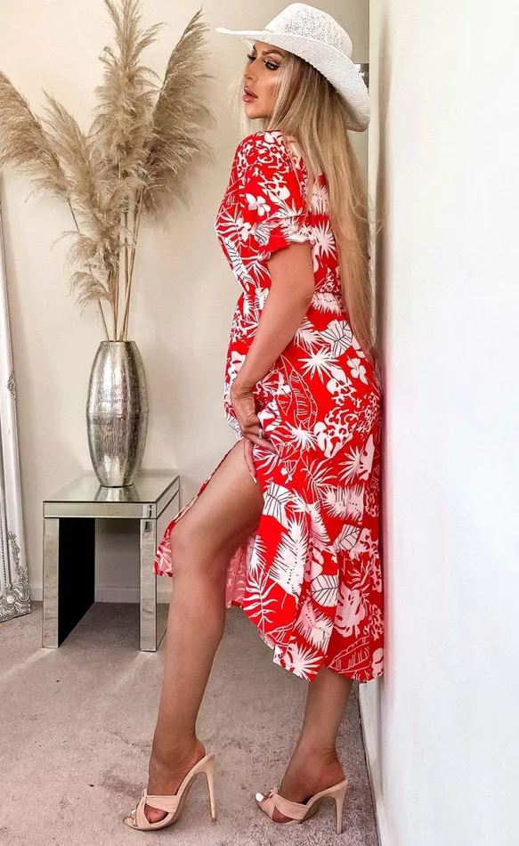 Saya Red Printed Side Slit Midaxi Dress Women Missfiga Maxi Dresses