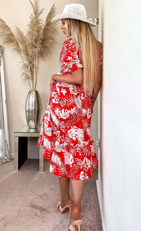 Saya Red Printed Side Slit Midaxi Dress Women Missfiga Maxi Dresses