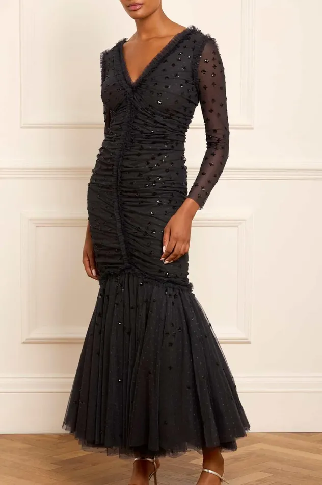 Scatter Sequin Long Sleeve Ankle Gown Black Women Needle and Thread Dresses