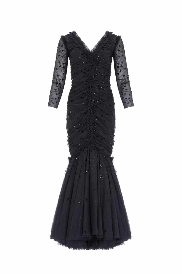 Scatter Sequin Long Sleeve Ankle Gown Black Women Needle and Thread Dresses