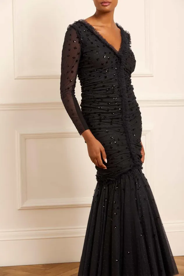 Scatter Sequin Long Sleeve Ankle Gown Black Women Needle and Thread Dresses