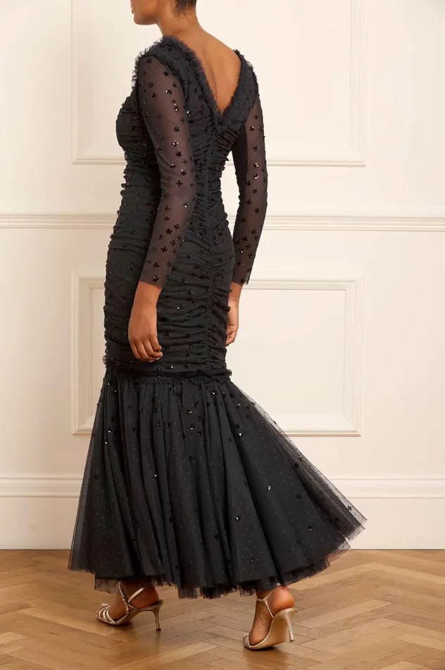 Scatter Sequin Long Sleeve Ankle Gown Black Women Needle and Thread Dresses