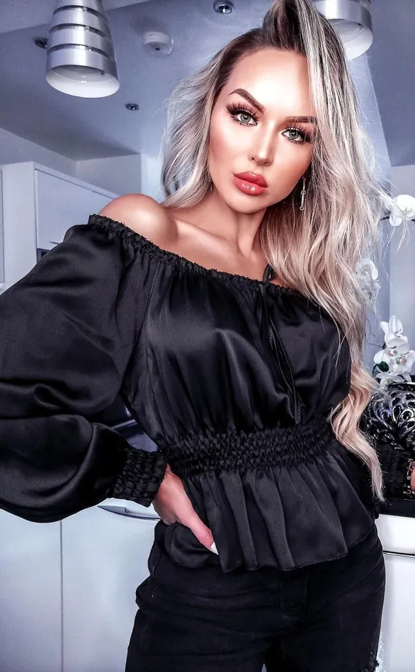 Serena Black Satin Bardot Cropped Top Women Missfiga Tops