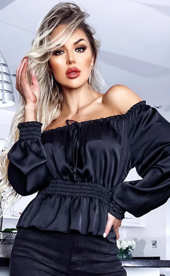 Serena Black Satin Bardot Cropped Top Women Missfiga Tops