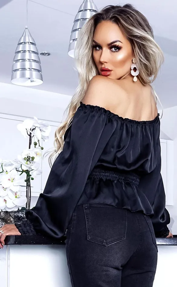 Serena Black Satin Bardot Cropped Top Women Missfiga Tops