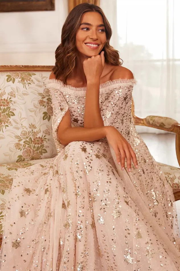 Shooting Stars Cape Ankle Gown Beige Women Needle and Thread Dresses