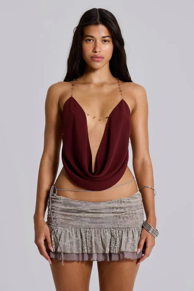 Shop Asteria Backless Cowl Top in Burgundy Tops Jaded London Women